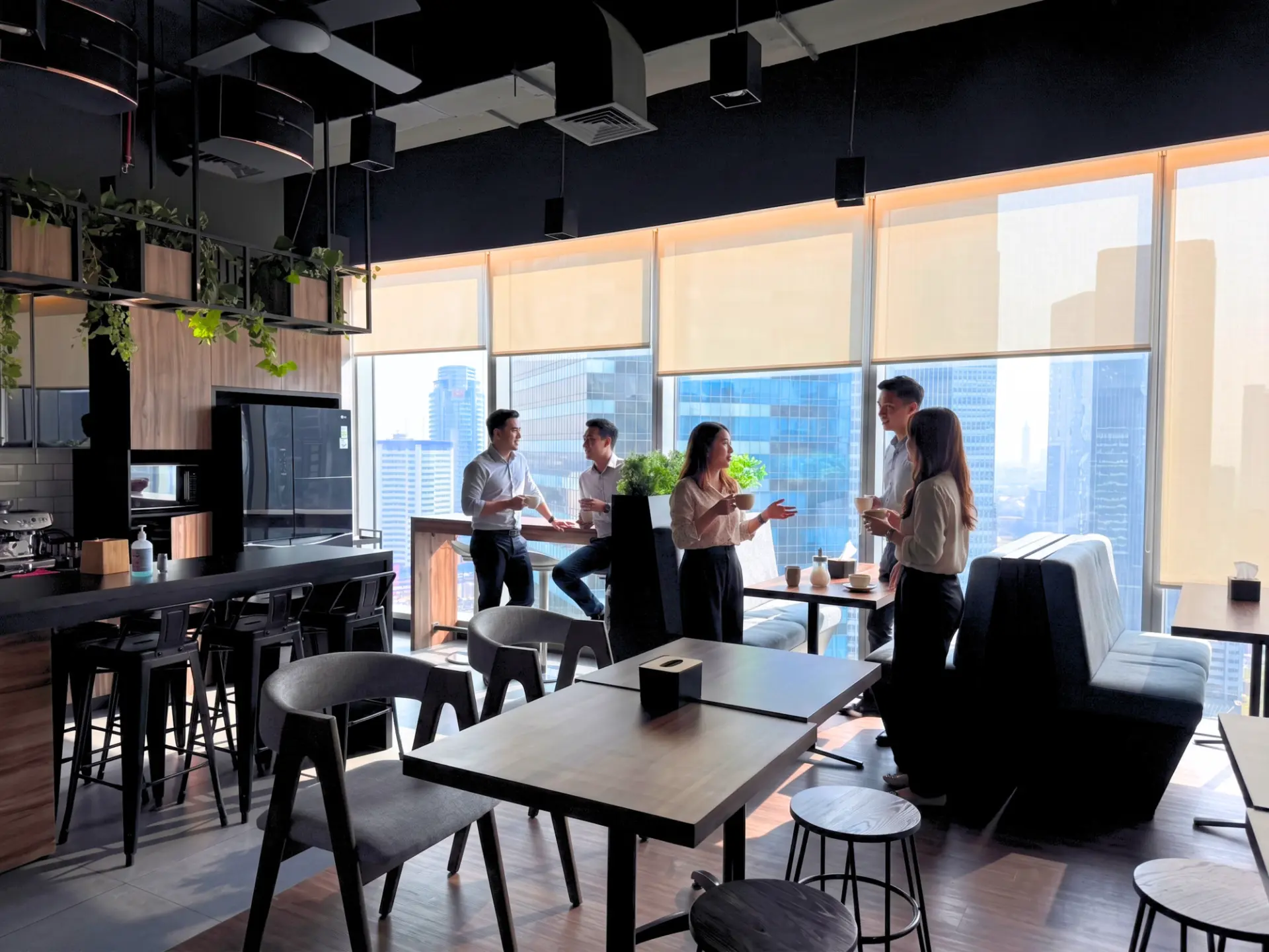 Pantry and networking lounge with city views